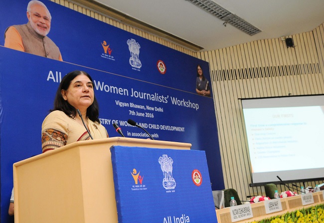 The Union Minister for Women and Child Development, Smt. Maneka Sanjay Gandhi addressing at the inauguration of the All India Women Journalists workshop, jointly organised by the Ministry of Women and Child Development and Press Information Bureau, in New Delhi on June 07, 2016.